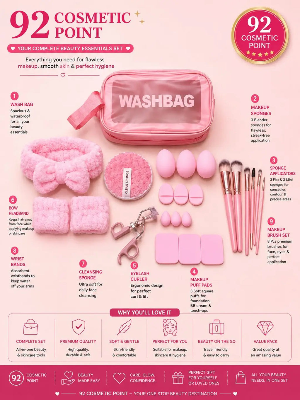 Premium Quality  Wash Bag 24 pcs Makeup Puff & Brush Set