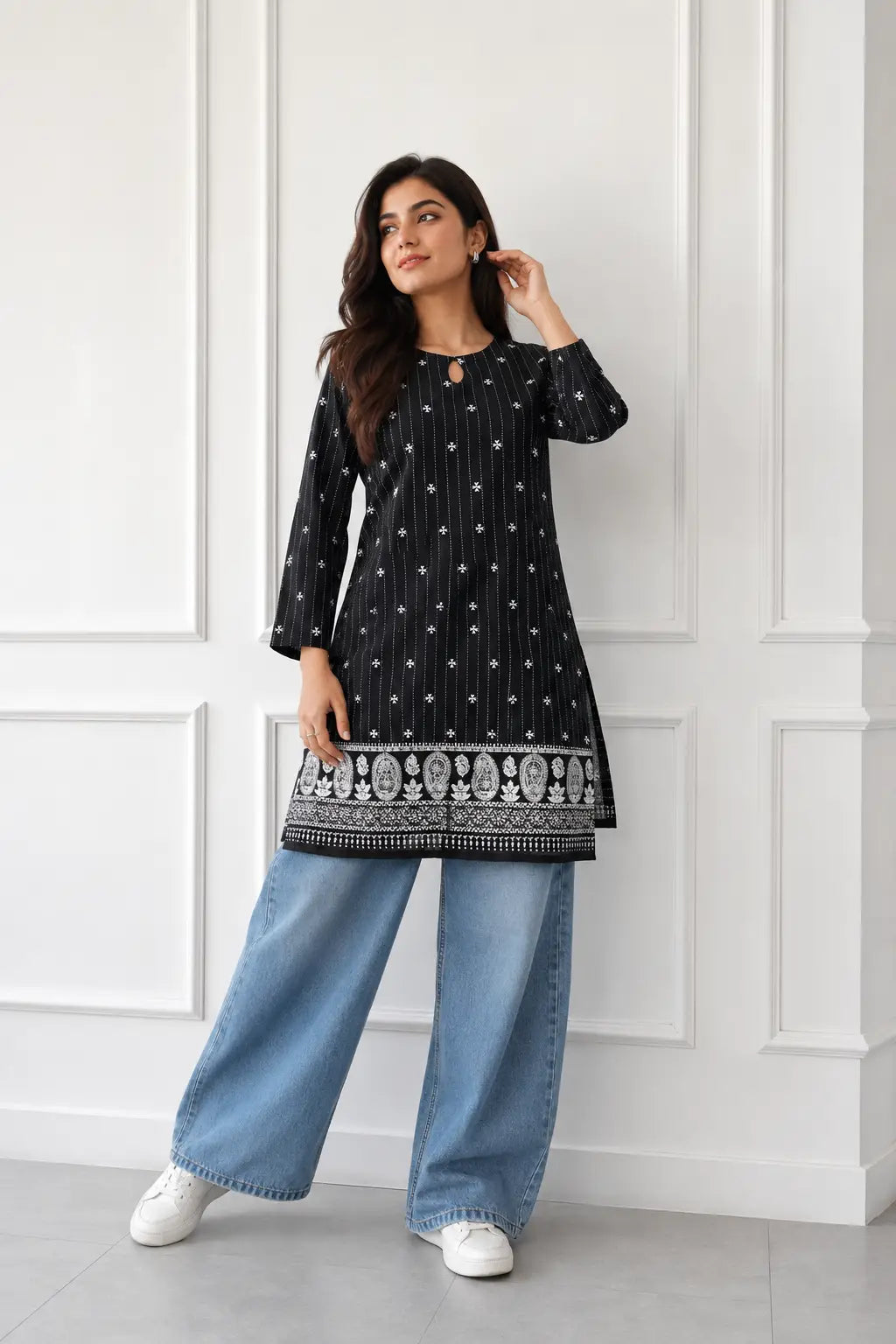 1Pc Women's Stitched Linen Block Printed Shirt Black Special