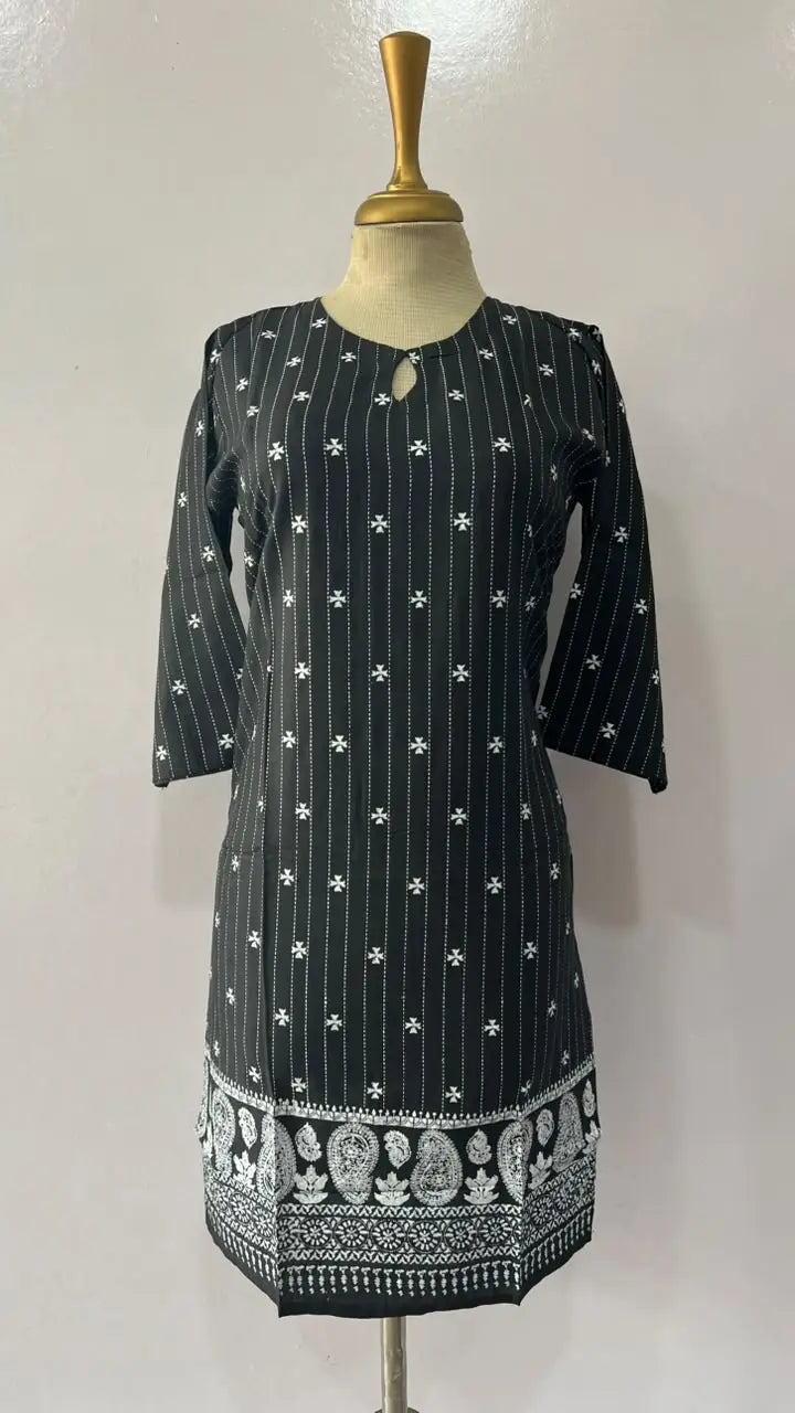 1Pc Women's Stitched Linen Block Printed Shirt Black Special