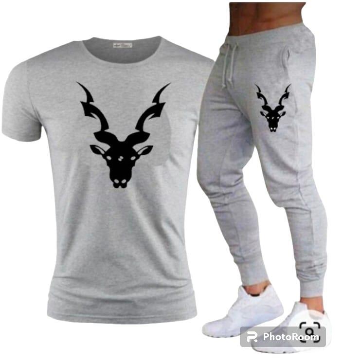 Black Antelope Head Print Track Suit Set for Men