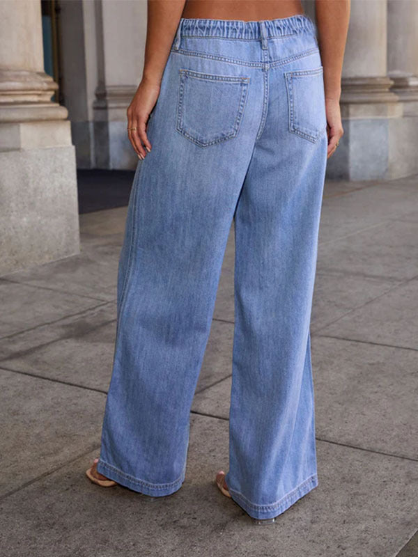 Women High-Waisted Drawstring Wide-Leg Denim Trousers Plus Size
