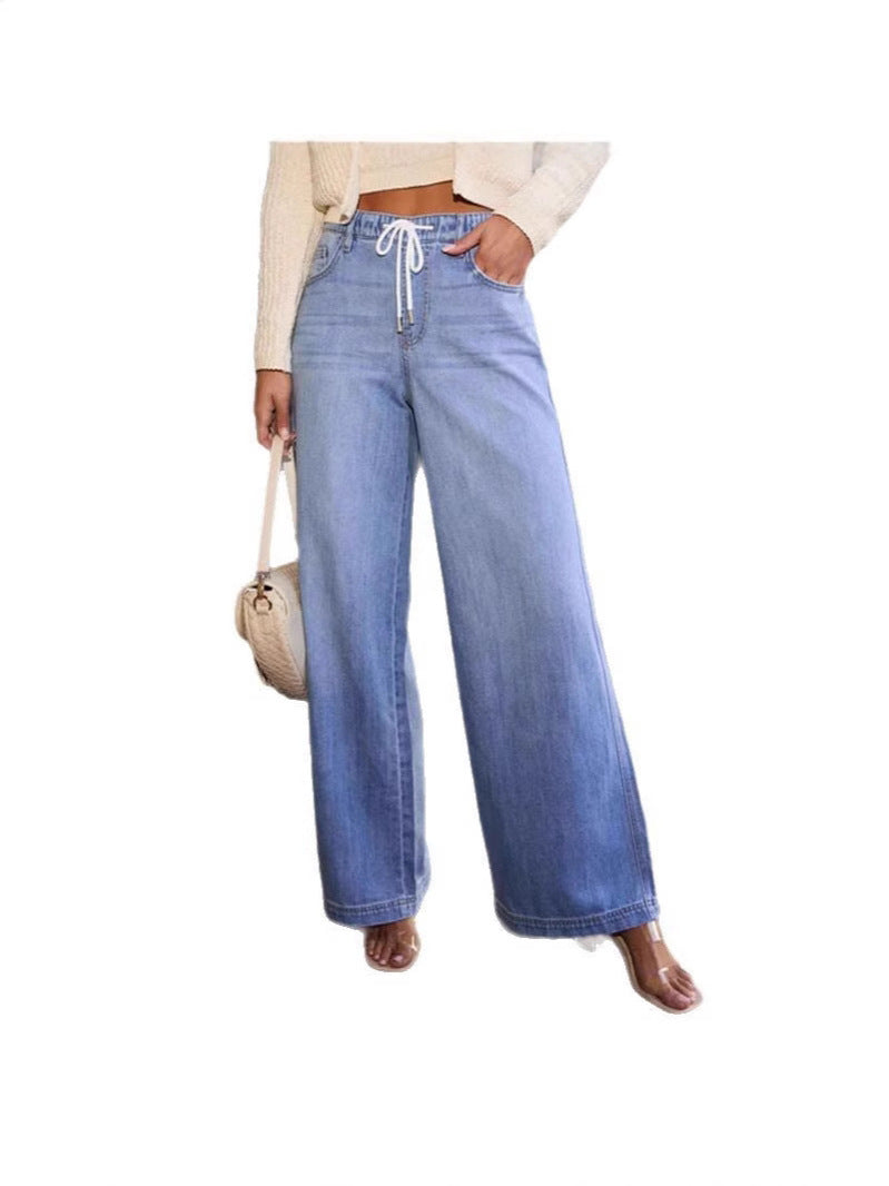 Women High-Waisted Drawstring Wide-Leg Denim Trousers Plus Size