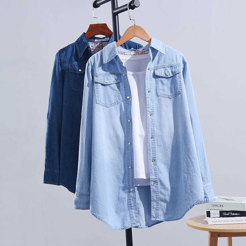 Women Denim Shirt Loose Long Sleeve Autumn Blue Large