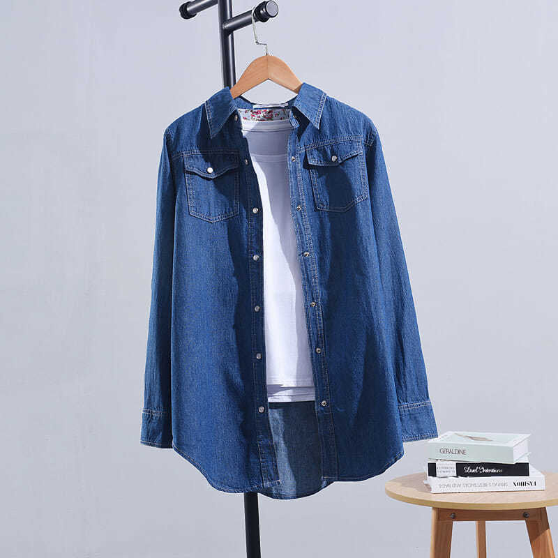 Women Denim Shirt Loose Long Sleeve Autumn Blue Large