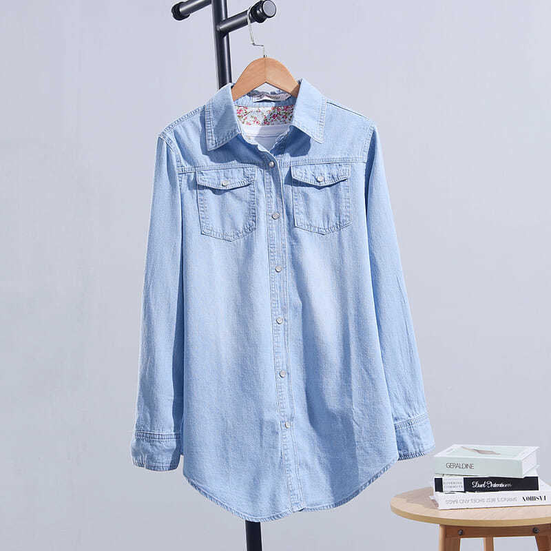 Women Denim Shirt Loose Long Sleeve Autumn Blue Large